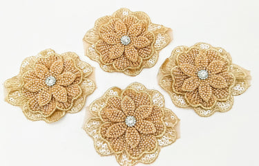 Brown Hand Embroidered Floral Applique With Beads, Crochet Cut Dana Applique, Beaded Flower Motifs